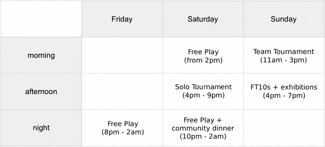 Tournament schedule with free play ending at 2am